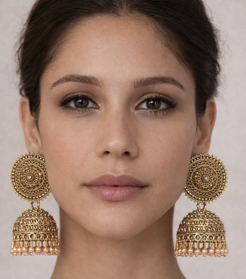 Antique Gold Concentric Circle Jhumka Earrings 1 Antique Gold Concentric Circle Jhumka Earrings