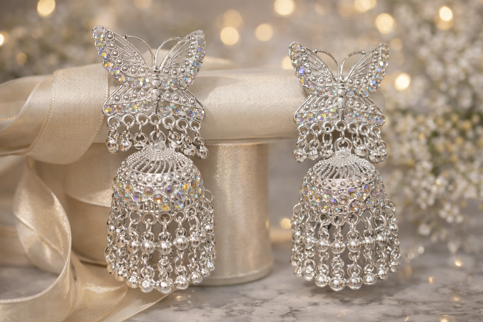 Silver Butterfly Filigree Jhumka Earrings with Iridescent Crystals 2 Silver Butterfly Filigree Jhumka Earrings with Iridescent Crystals