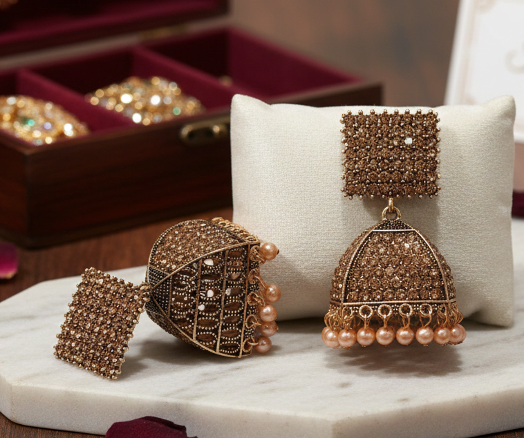 Amber Crystal Pave Jhumka Earrings 2 Amber Crystal Pave Jhumka Earrings