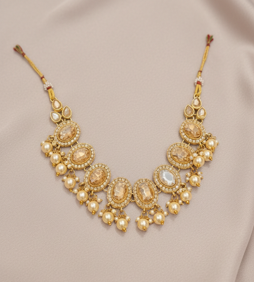 Heritage Gold-Plated Kundan Choker Set with Lustrous Cream Pearls & Champagne Stones 1 Heritage Gold-Plated Kundan Choker Set with Lustrous Cream Pearls & Champagne Stones