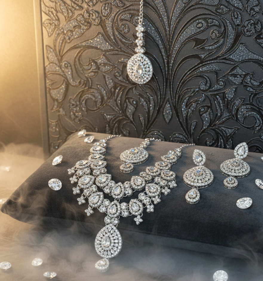 Silver Crystal Royale Necklace, Earring & Maang Tika Set 1 Silver Crystal Royale Necklace, Earring & Maang Tika Set