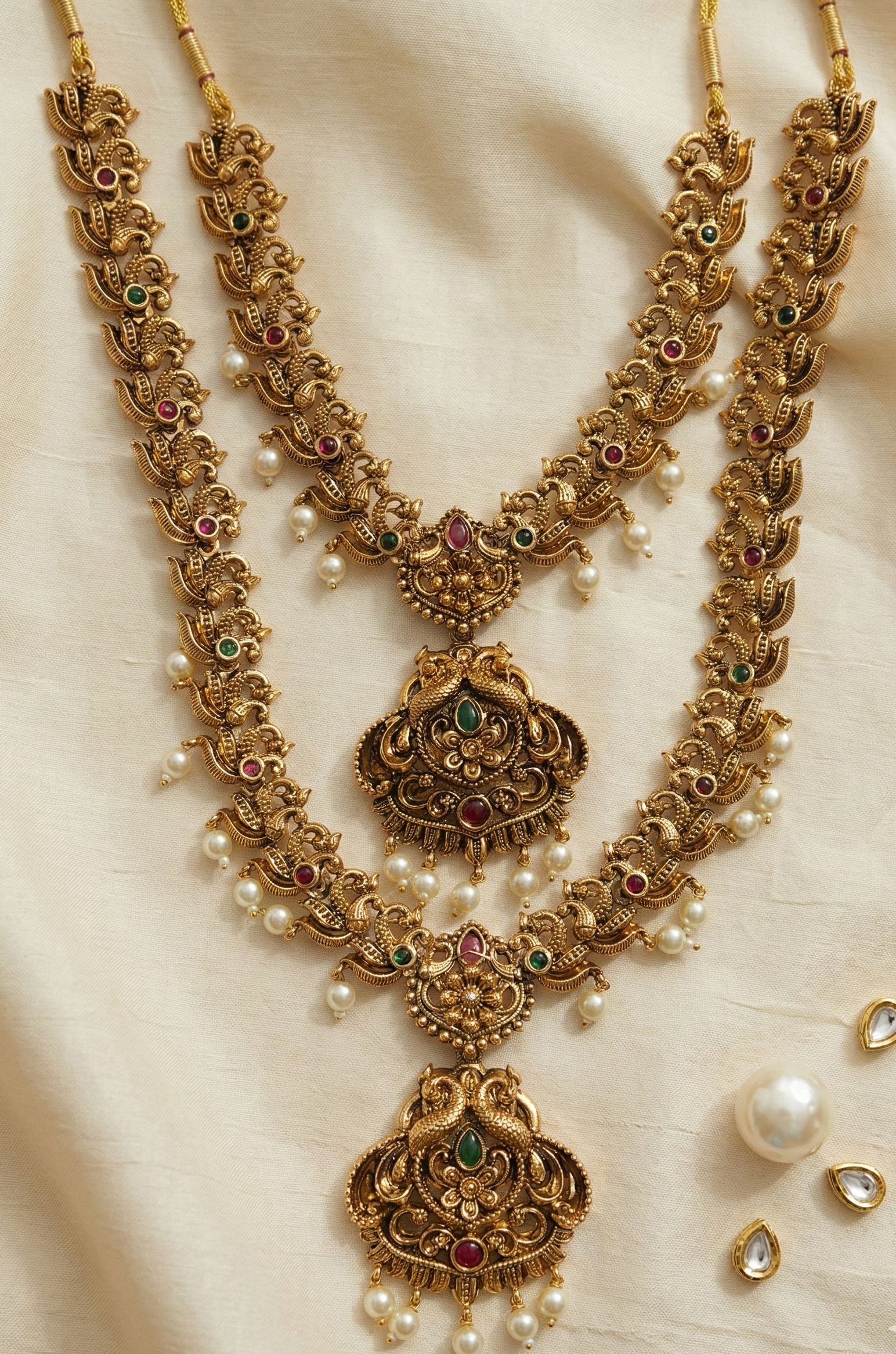 Exquisite Antique Temple Jewellry Set – Dual Layer Necklace with Jhumkas & Pearl Accents 3 Exquisite Antique Temple Jewellry Set – Dual Layer Necklace with Jhumkas & Pearl Accents
