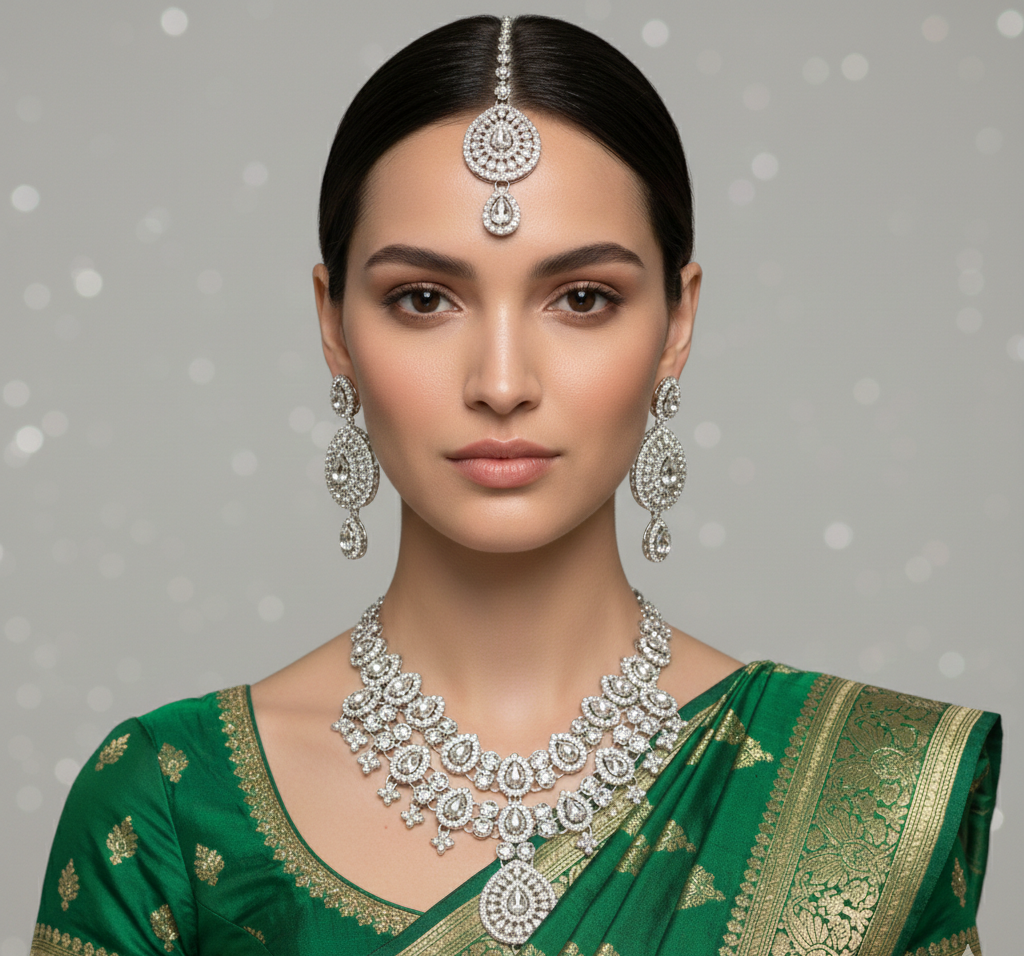 Silver Crystal Royale Necklace, Earring & Maang Tika Set 2 Silver Crystal Royale Necklace, Earring & Maang Tika Set