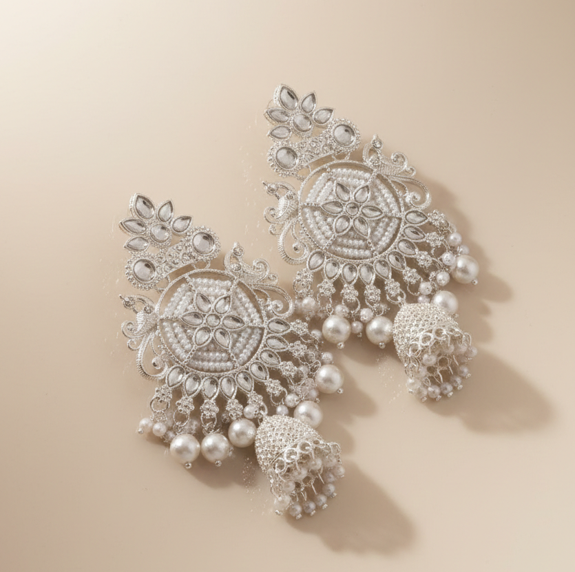 Silver Crystal & Pearl Grand Bahubali Jhumka Earrings 4 Silver Crystal & Pearl Grand Bahubali Jhumka Earrings