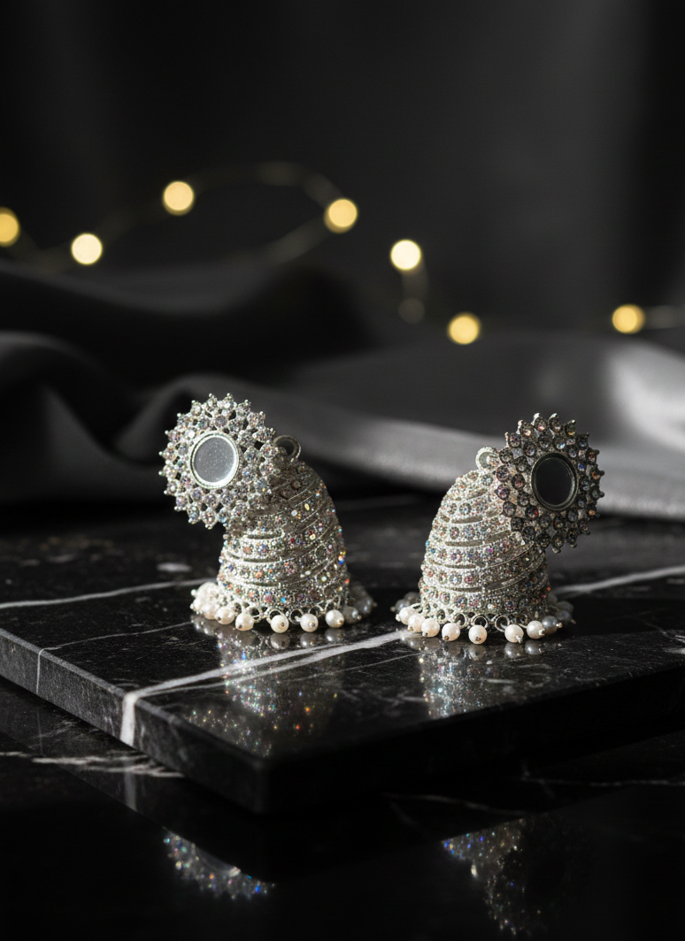 Silver Iridescent Crystal Sunburst Jhumka Earrings 1 Silver Iridescent Crystal Sunburst Jhumka Earrings