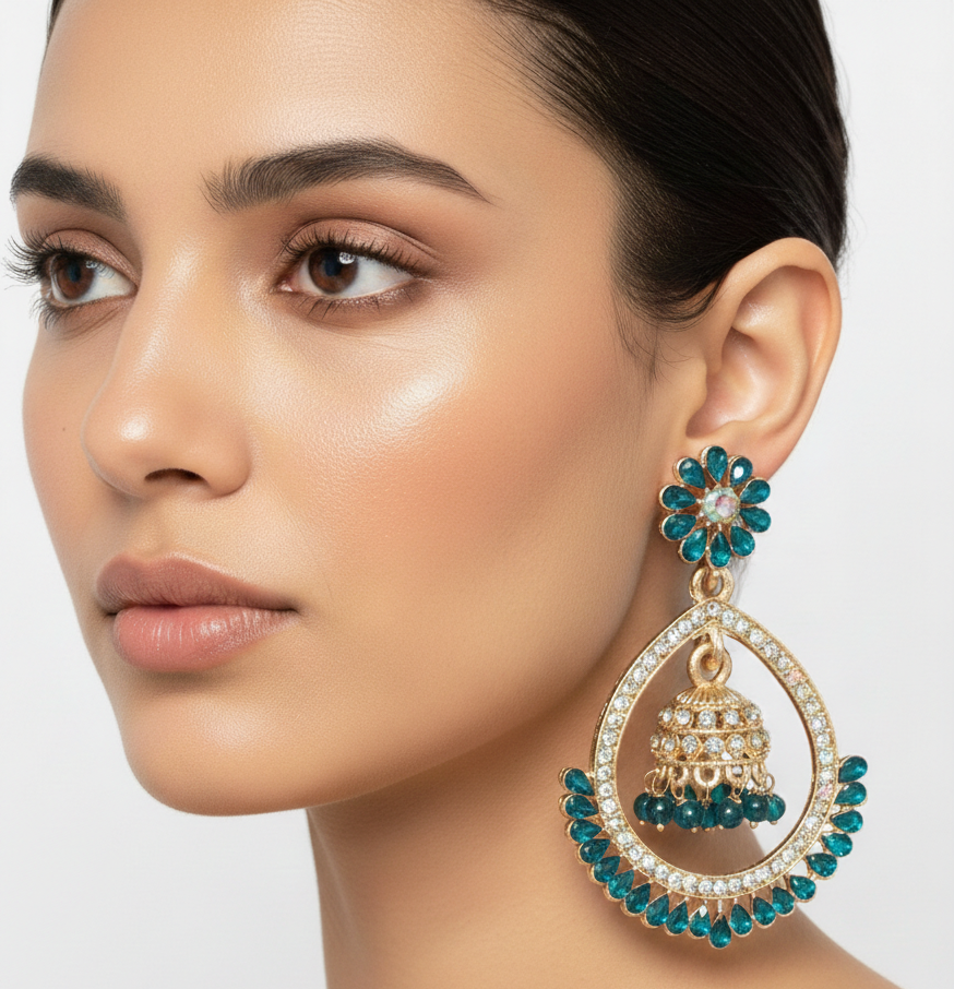 Rose Gold Emerald-Green Floral Chandbali Jhumkas 1 Rose Gold Emerald-Green Floral Chandbali Jhumkas