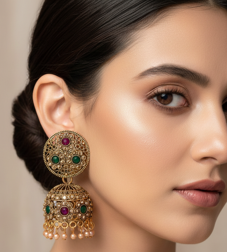 Antique Gold Floral Jhumka Earrings with Ruby & Emerald Accents 3 Antique Gold Floral Jhumka Earrings with Ruby & Emerald Accents