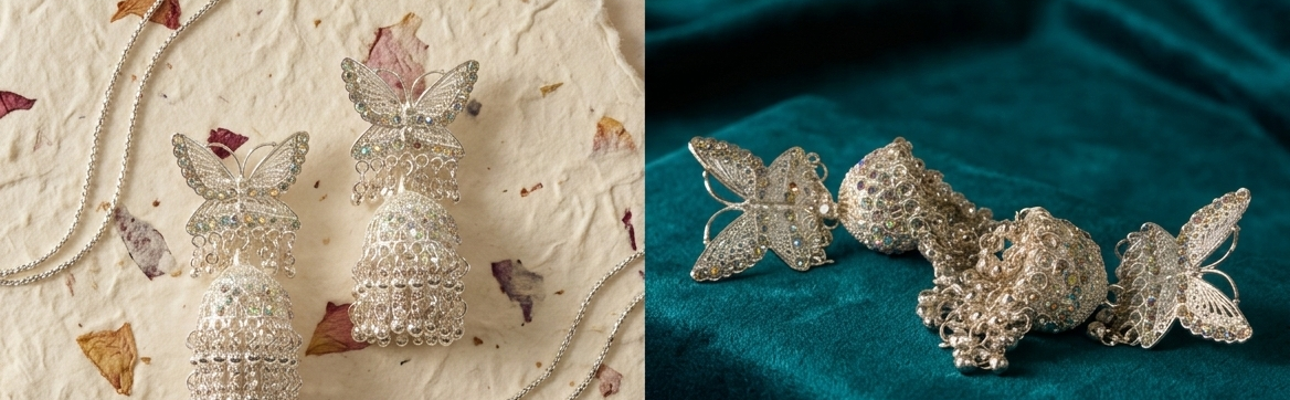 Silver Butterfly Filigree Jhumka Earrings with Iridescent Crystals 3 Silver Butterfly Filigree Jhumka Earrings with Iridescent Crystals