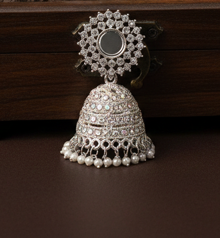 Silver Iridescent Crystal Sunburst Jhumka Earrings 2 Silver Iridescent Crystal Sunburst Jhumka Earrings