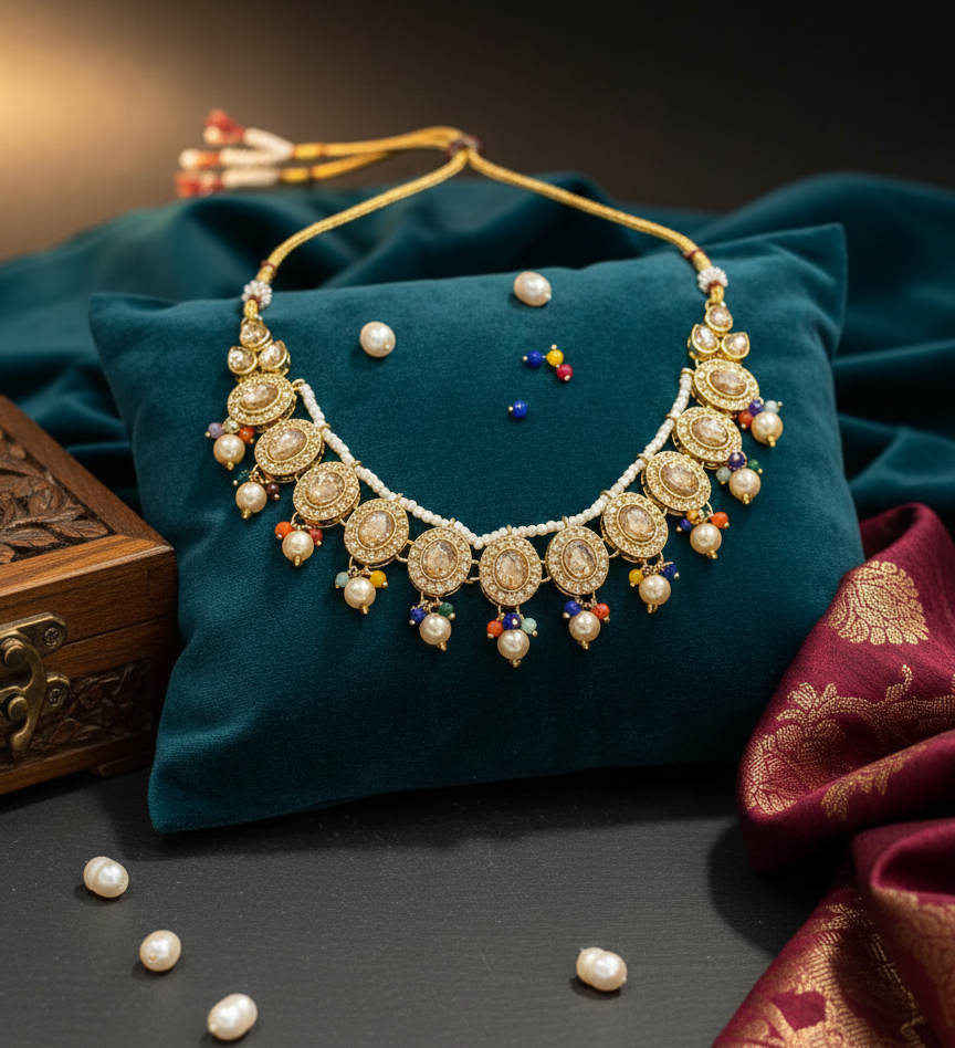 Royal Gold-Plated Kundan Set with Multi-Color Bead Accents & Pearl Drops 2 Royal Gold-Plated Kundan Set with Multi-Color Bead Accents & Pearl Drops