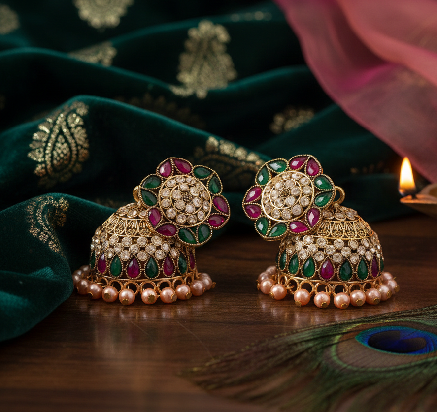 Antique Gold Floral Mosaic Jhumka Earrings 2 Antique Gold Floral Mosaic Jhumka Earrings