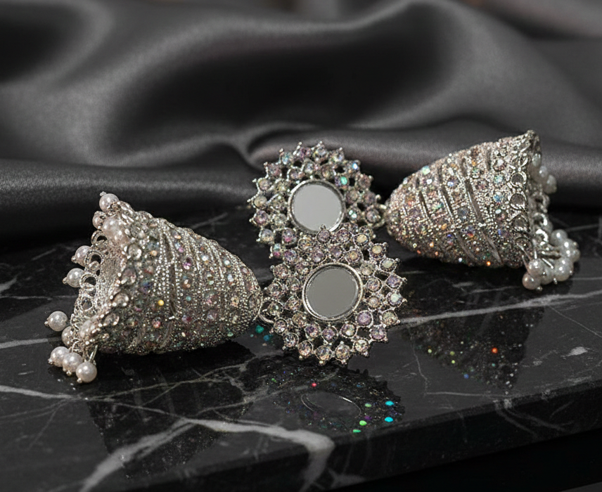 Silver Iridescent Crystal Sunburst Jhumka Earrings 3 Silver Iridescent Crystal Sunburst Jhumka Earrings