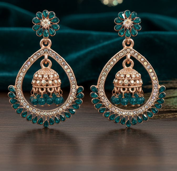 Rose Gold Emerald-Green Floral Chandbali Jhumkas 4 Rose Gold Emerald-Green Floral Chandbali Jhumkas