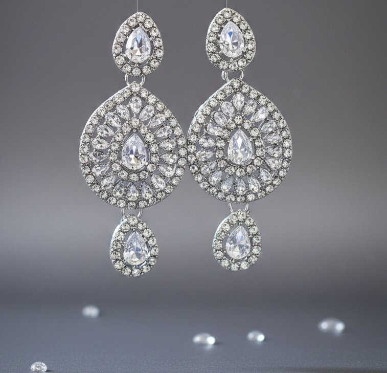 Silver Crystal Royale Necklace, Earring & Maang Tika Set 3 Silver Crystal Royale Necklace, Earring & Maang Tika Set