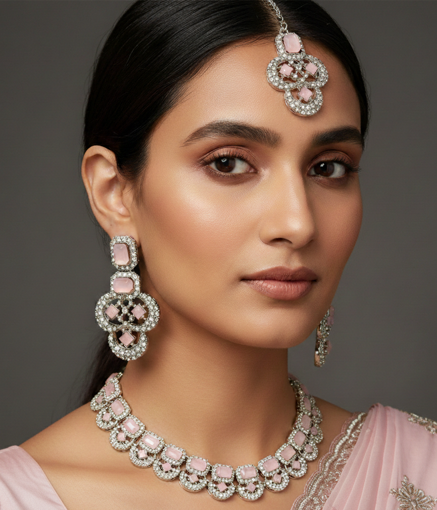 Blush Pink Mosaic Choker, Earring & Maang Tika Set 1 Blush Pink Mosaic Choker, Earring & Maang Tika Set