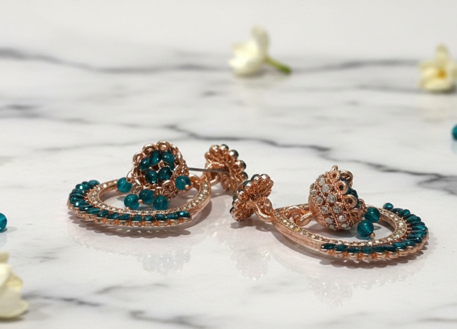 Rose Gold Emerald-Green Floral Chandbali Jhumkas 3 Rose Gold Emerald-Green Floral Chandbali Jhumkas