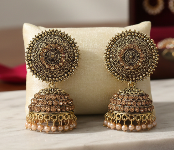 Antique Gold Concentric Circle Jhumka Earrings 4 Antique Gold Concentric Circle Jhumka Earrings