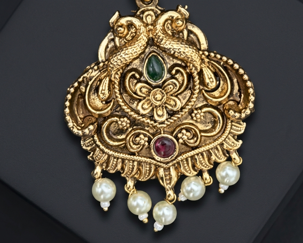 Exquisite Antique Temple Jewellry Set – Dual Layer Necklace with Jhumkas & Pearl Accents 4 Exquisite Antique Temple Jewellry Set – Dual Layer Necklace with Jhumkas & Pearl Accents