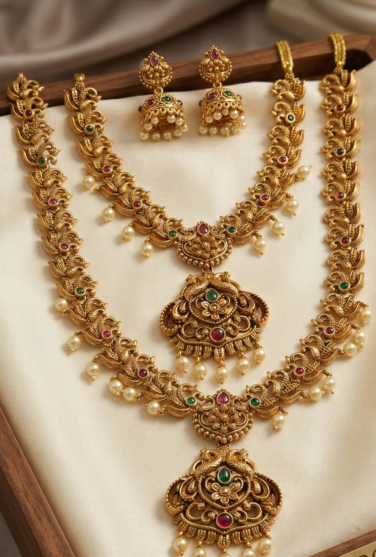 Exquisite Antique Temple Jewellry Set – Dual Layer Necklace with Jhumkas & Pearl Accents 1 Exquisite Antique Temple Jewellry Set – Dual Layer Necklace with Jhumkas & Pearl Accents