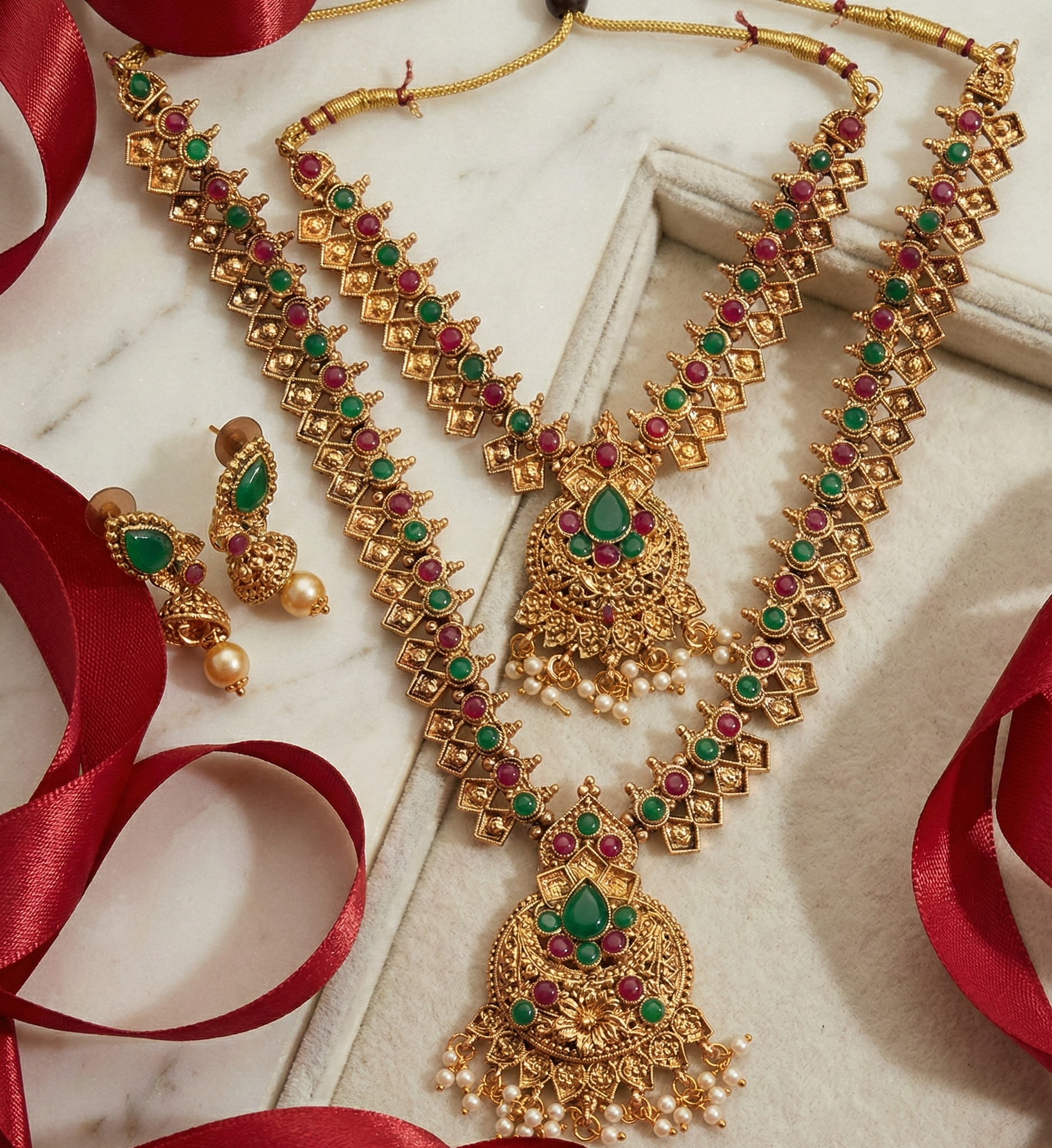 Exquisite 2-Layer Kempu Stone Temple Jewelry Set with Jhumkas 2 Exquisite 2-Layer Kempu Stone Temple Jewelry Set with Jhumkas