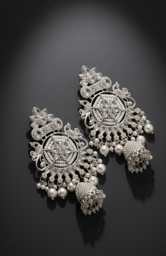 Silver Crystal & Pearl Grand Bahubali Jhumka Earrings 3 Silver Crystal & Pearl Grand Bahubali Jhumka Earrings