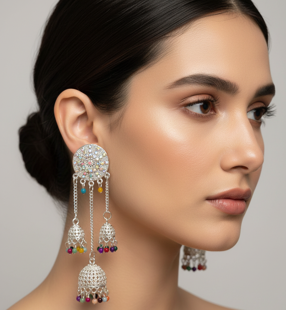 Silver Chandelier Multi-Tiered Jhumka Earrings with Rainbow Beads 1 Silver Chandelier Multi-Tiered Jhumka Earrings with Rainbow Beads