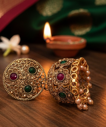 Antique Gold Floral Jhumka Earrings with Ruby & Emerald Accents 2 Antique Gold Floral Jhumka Earrings with Ruby & Emerald Accents