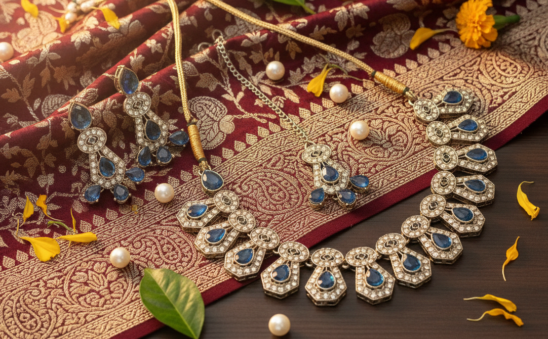 Royal Sapphire Teardrop Polki Bridal Jewellery Set 3 Royal Sapphire Teardrop Polki Bridal Jewellery Set