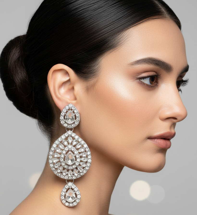 Silver Crystal Royale Necklace, Earring & Maang Tika Set 4 Silver Crystal Royale Necklace, Earring & Maang Tika Set