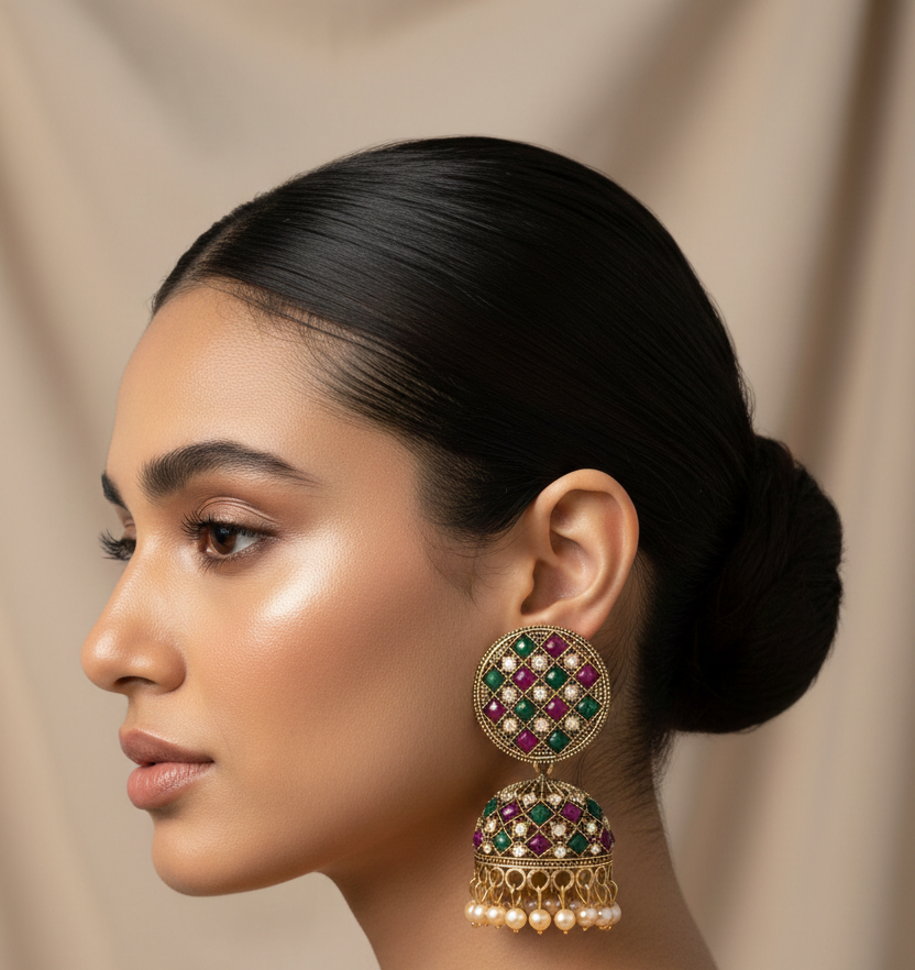Antique Gold Mosaic Jhumka Earrings with Ruby & Emerald Accents 1 Antique Gold Mosaic Jhumka Earrings with Ruby & Emerald Accents