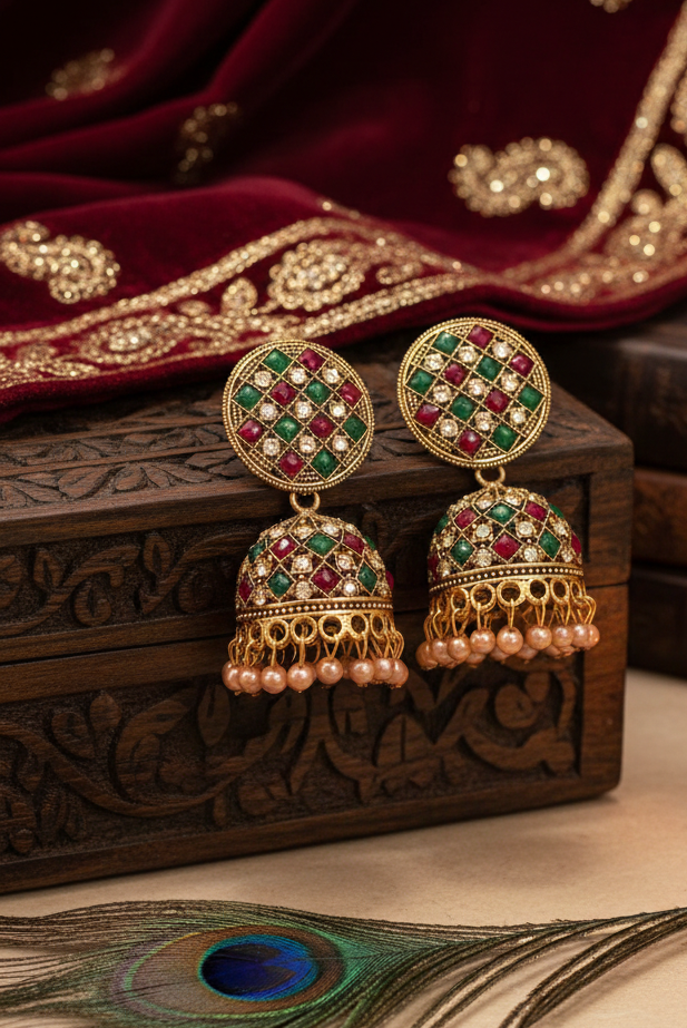 Antique Gold Mosaic Jhumka Earrings with Ruby & Emerald Accents 3 Antique Gold Mosaic Jhumka Earrings with Ruby & Emerald Accents