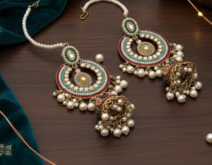 Pastel Kundan Pearl Chandbali Jhumka Earrings 2 Pastel Kundan Pearl Chandbali Jhumka Earrings