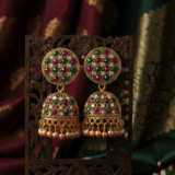 Antique Gold Mosaic Jhumka Earrings with Ruby & Emerald Accents 5 Gemini Generated Image rna0zurna0zurna0