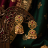 Antique Gold Floral Jhumka Earrings with Ruby & Emerald Accents 5 Gemini Generated Image sfwms8sfwms8sfwm