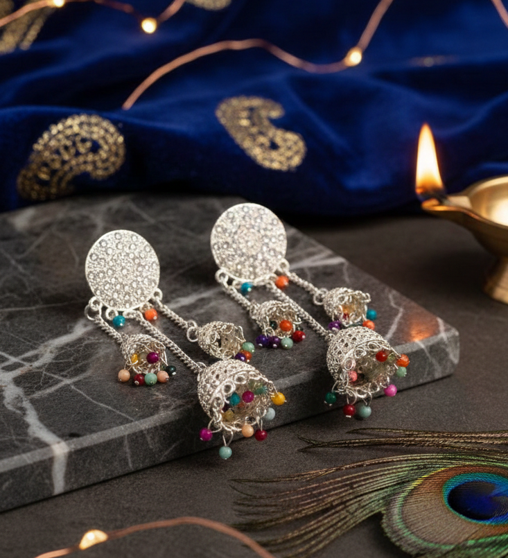 Silver Chandelier Multi-Tiered Jhumka Earrings with Rainbow Beads 2 Silver Chandelier Multi-Tiered Jhumka Earrings with Rainbow Beads