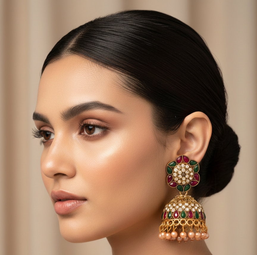 Antique Gold Floral Mosaic Jhumka Earrings 1 Antique Gold Floral Mosaic Jhumka Earrings