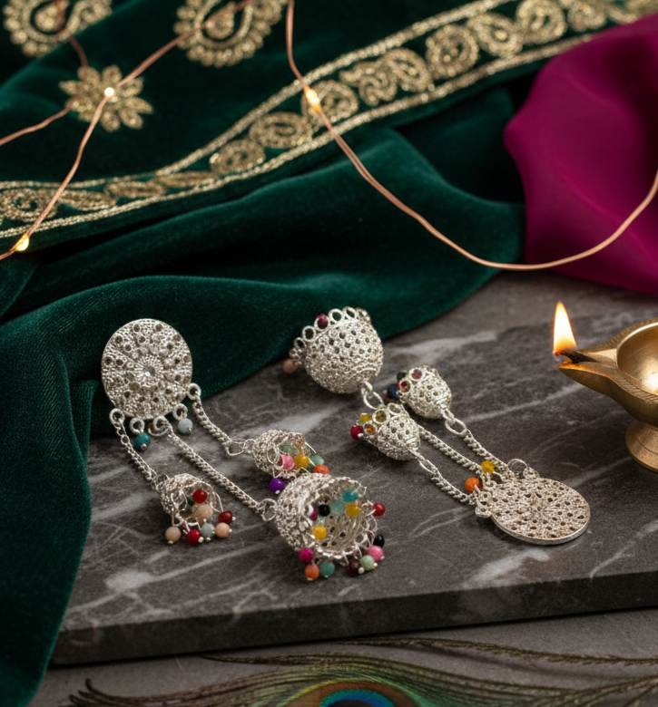 Silver Chandelier Multi-Tiered Jhumka Earrings with Rainbow Beads 3 Silver Chandelier Multi-Tiered Jhumka Earrings with Rainbow Beads