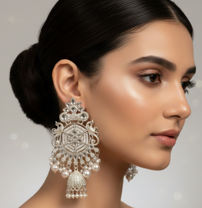 Silver Crystal & Pearl Grand Bahubali Jhumka Earrings 1 Silver Crystal & Pearl Grand Bahubali Jhumka Earrings