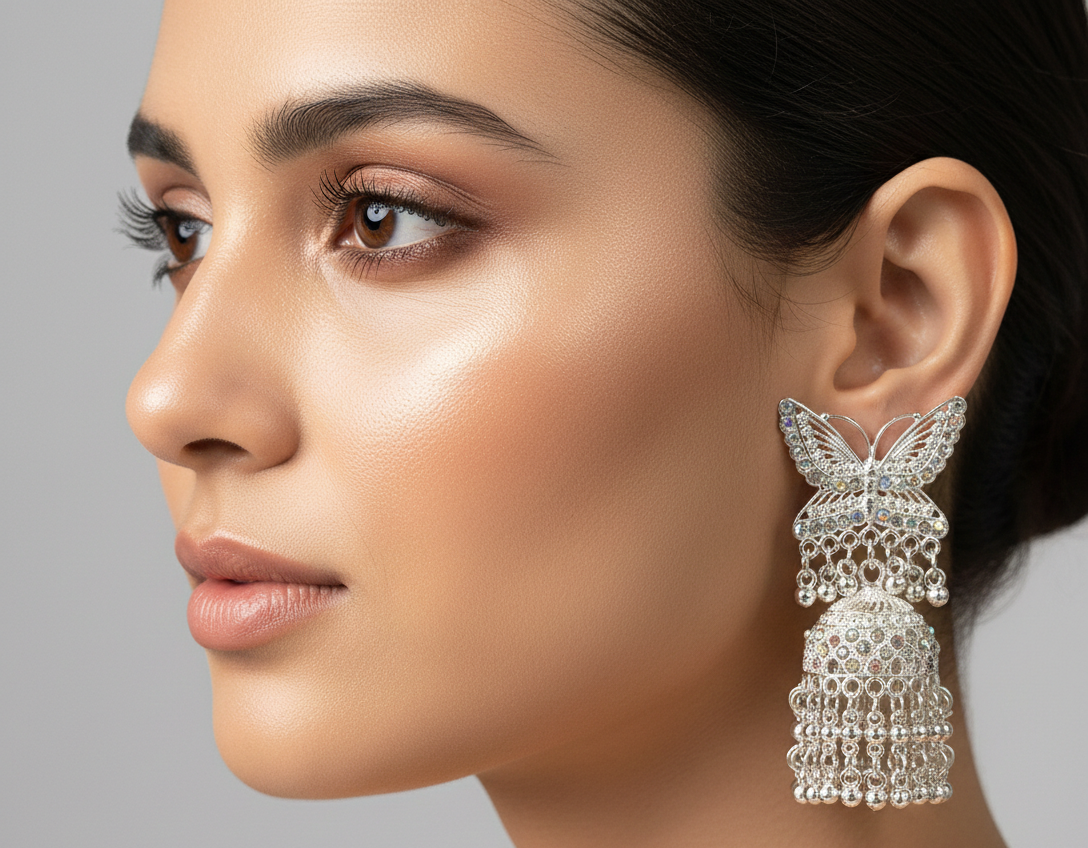 Silver Butterfly Filigree Jhumka Earrings with Iridescent Crystals 1 Silver Butterfly Filigree Jhumka Earrings with Iridescent Crystals