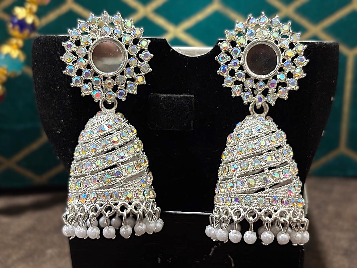 Silver Iridescent Crystal Sunburst Jhumka Earrings 4 Silver Iridescent Crystal Sunburst Jhumka Earrings