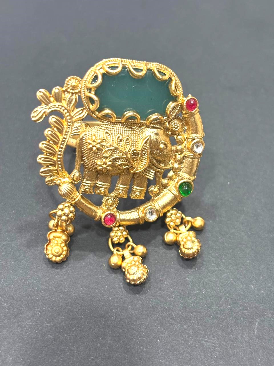 Antique Gold Temple Elephant Ring with Hanging Bells 2 Antique Gold Temple Elephant Ring with Hanging Bells