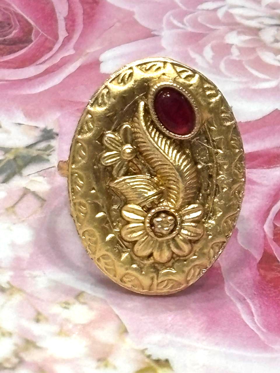 Antique Gold Floral Oval Statement Ring 1 Antique Gold Floral Oval Statement Ring