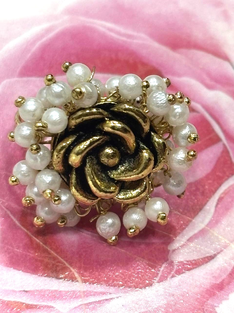 Golden Rose & Pearl Cluster Statement Ring 2 Golden Rose & Pearl Cluster Statement Ring