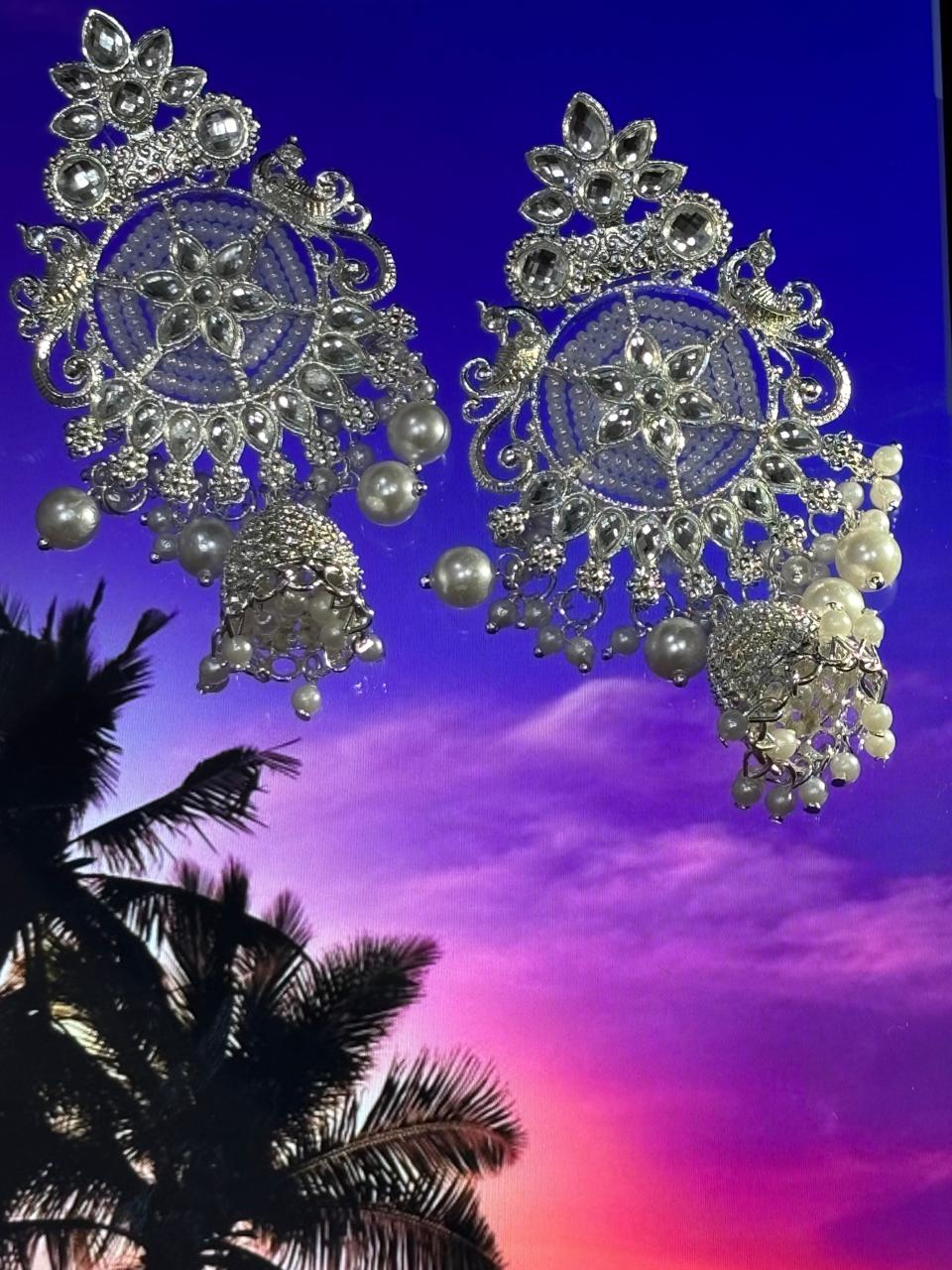 Silver Crystal & Pearl Grand Bahubali Jhumka Earrings 5 Silver Crystal & Pearl Grand Bahubali Jhumka Earrings