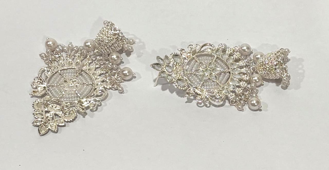Silver Crystal & Pearl Grand Bahubali Jhumka Earrings 2 Silver Crystal & Pearl Grand Bahubali Jhumka Earrings