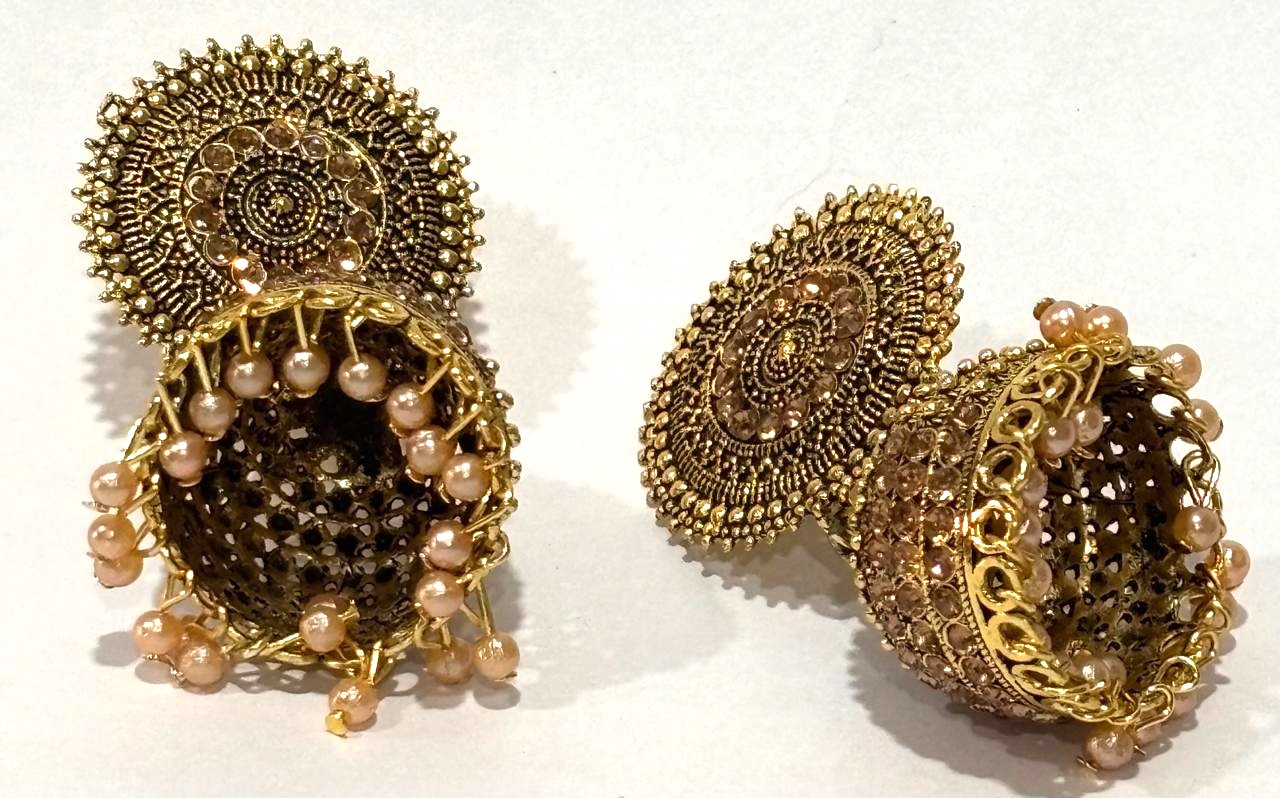 Antique Gold Concentric Circle Jhumka Earrings 2 Antique Gold Concentric Circle Jhumka Earrings