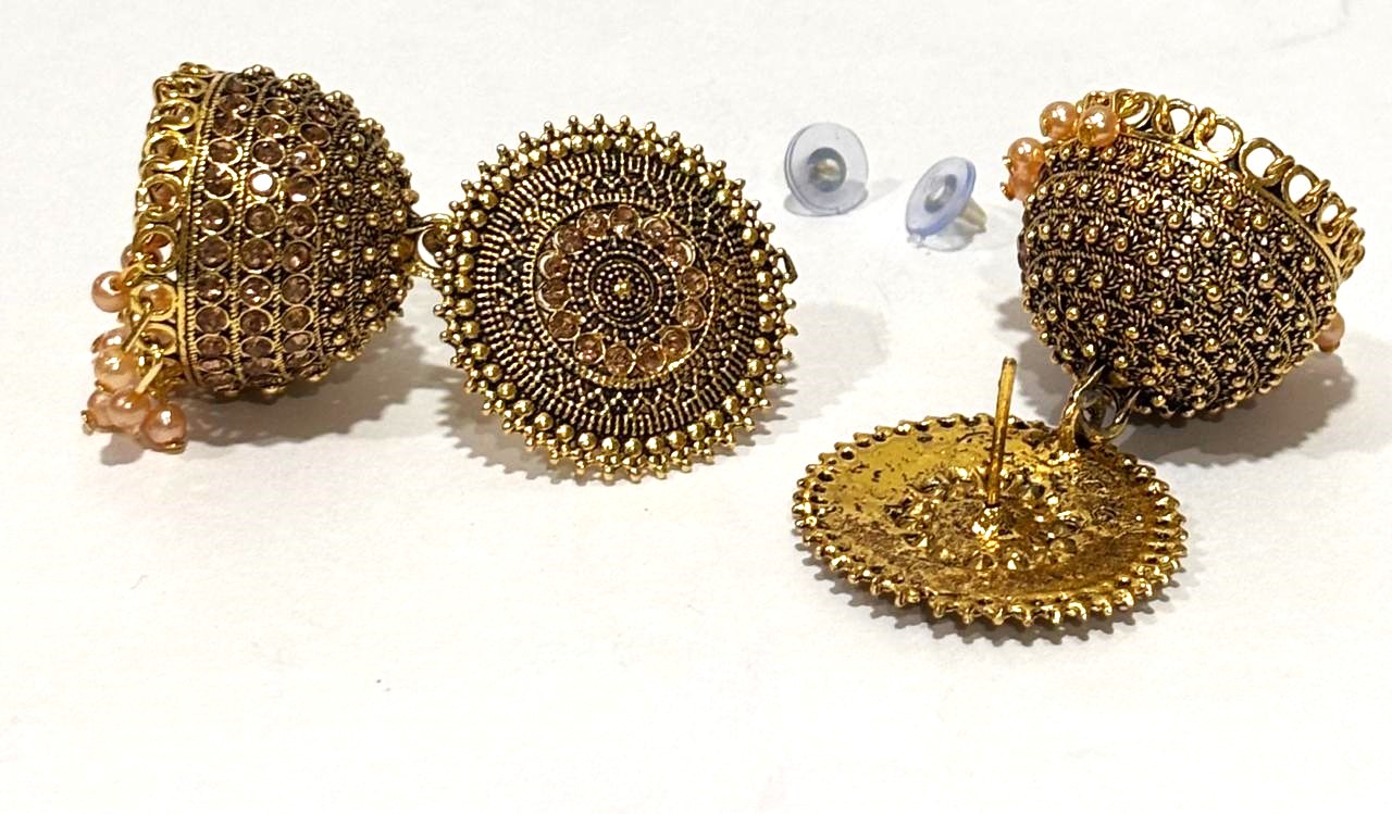 Antique Gold Concentric Circle Jhumka Earrings 3 Antique Gold Concentric Circle Jhumka Earrings