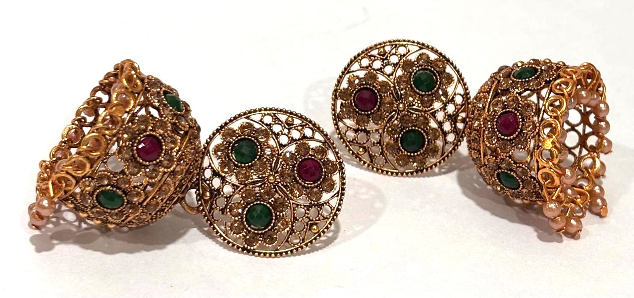 Antique Gold Floral Jhumka Earrings with Ruby & Emerald Accents 4 Antique Gold Floral Jhumka Earrings with Ruby & Emerald Accents
