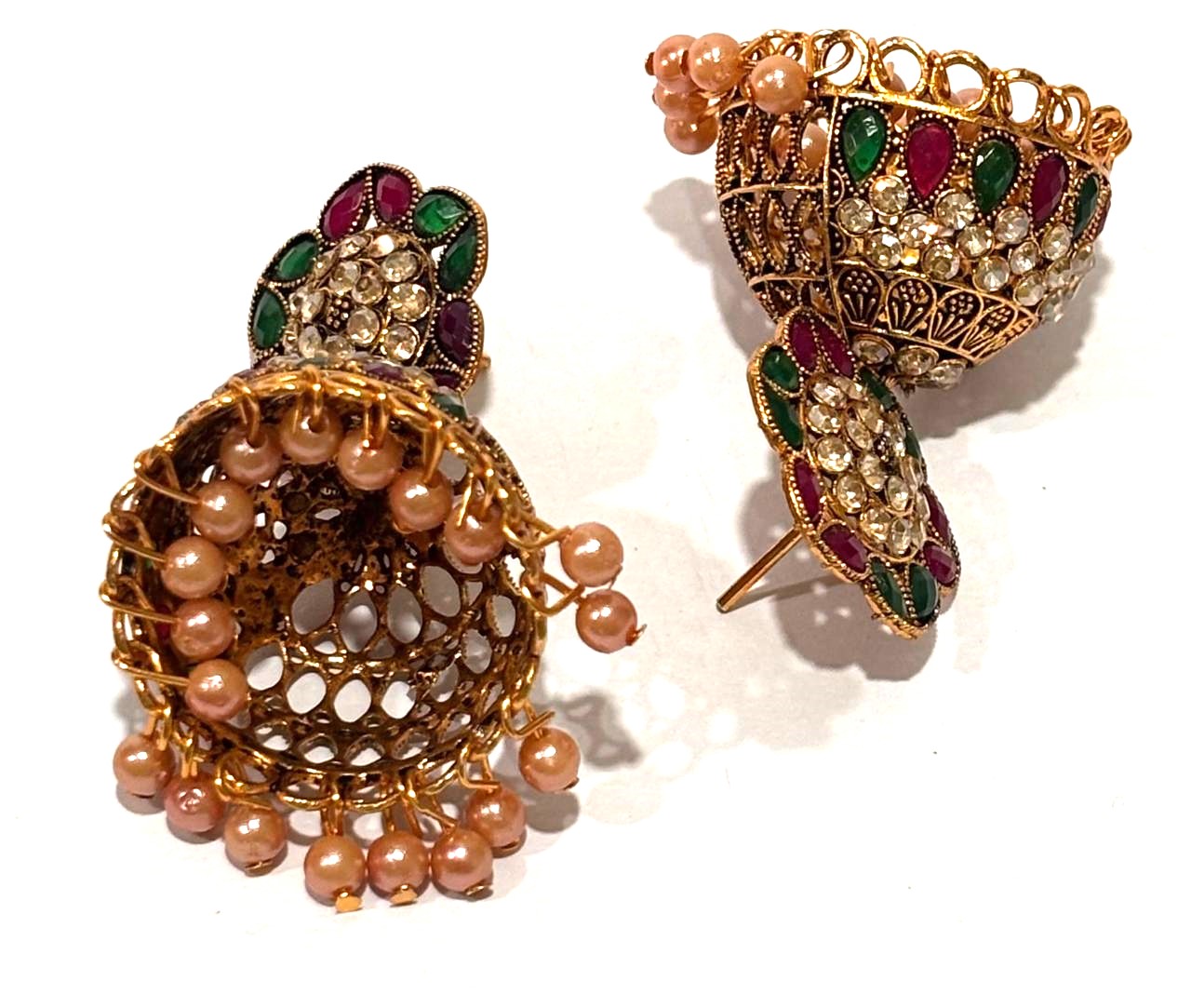 Antique Gold Floral Mosaic Jhumka Earrings 3 Antique Gold Floral Mosaic Jhumka Earrings