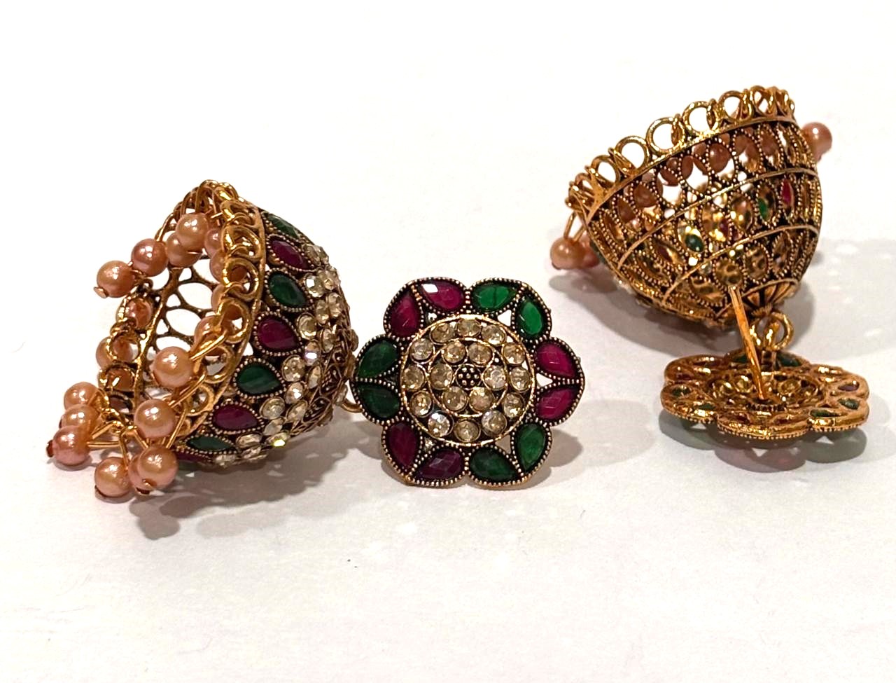 Antique Gold Floral Mosaic Jhumka Earrings 4 Antique Gold Floral Mosaic Jhumka Earrings